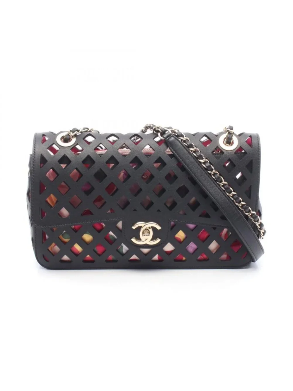 Chanel Shoulder Bag Perforated Black Lambskin Flap Chain